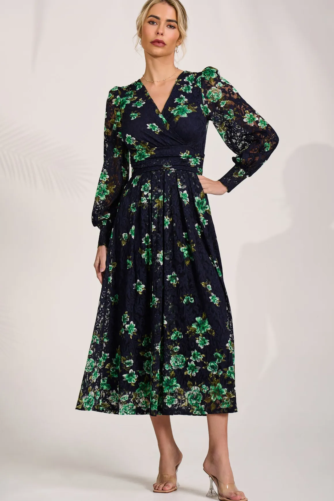Long Sleeve Printed Lace Maxi Dress, Navy Floral