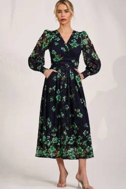 Long Sleeve Printed Lace Maxi Dress, Navy Floral