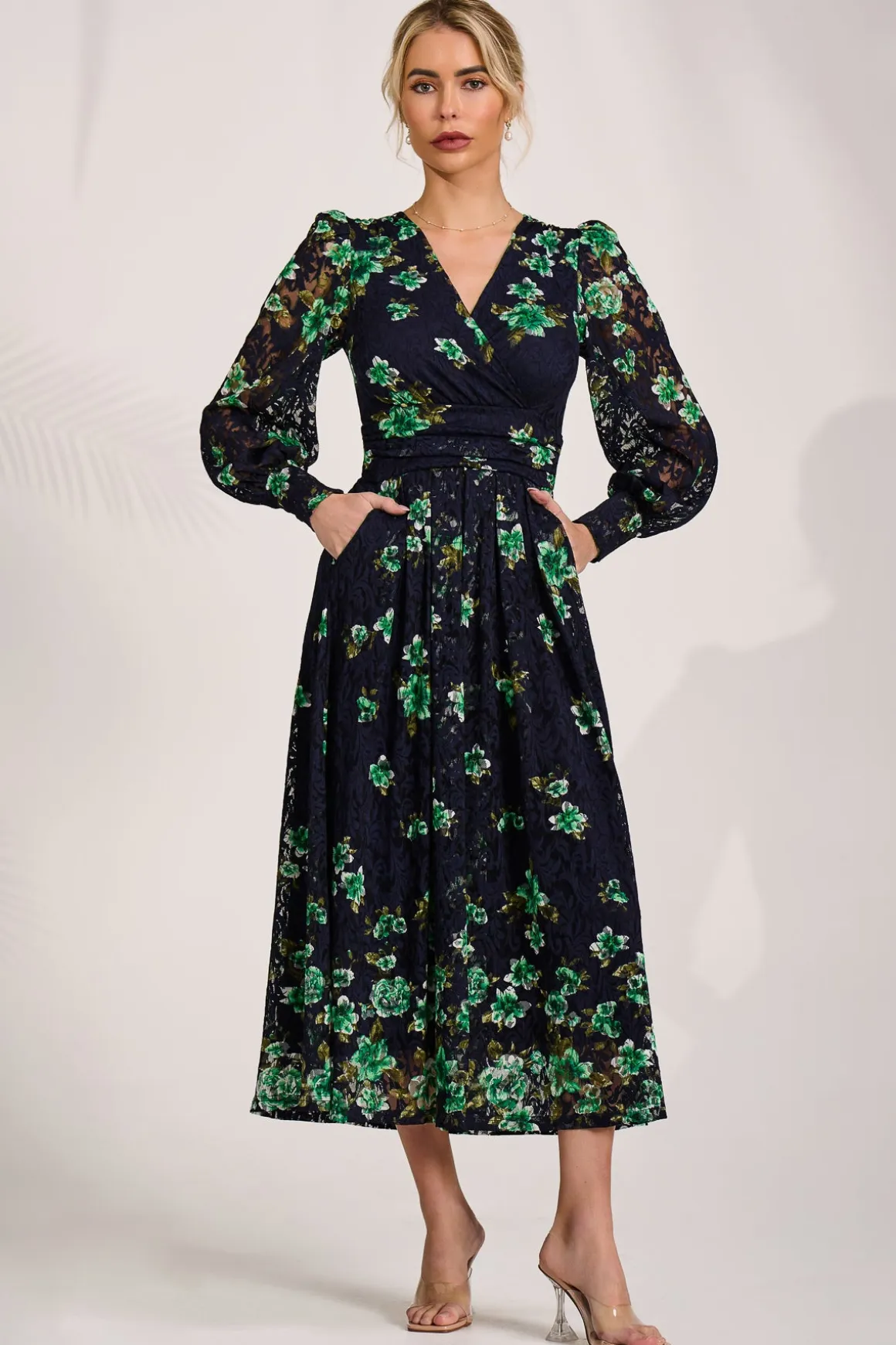 Long Sleeve Printed Lace Maxi Dress, Navy Floral