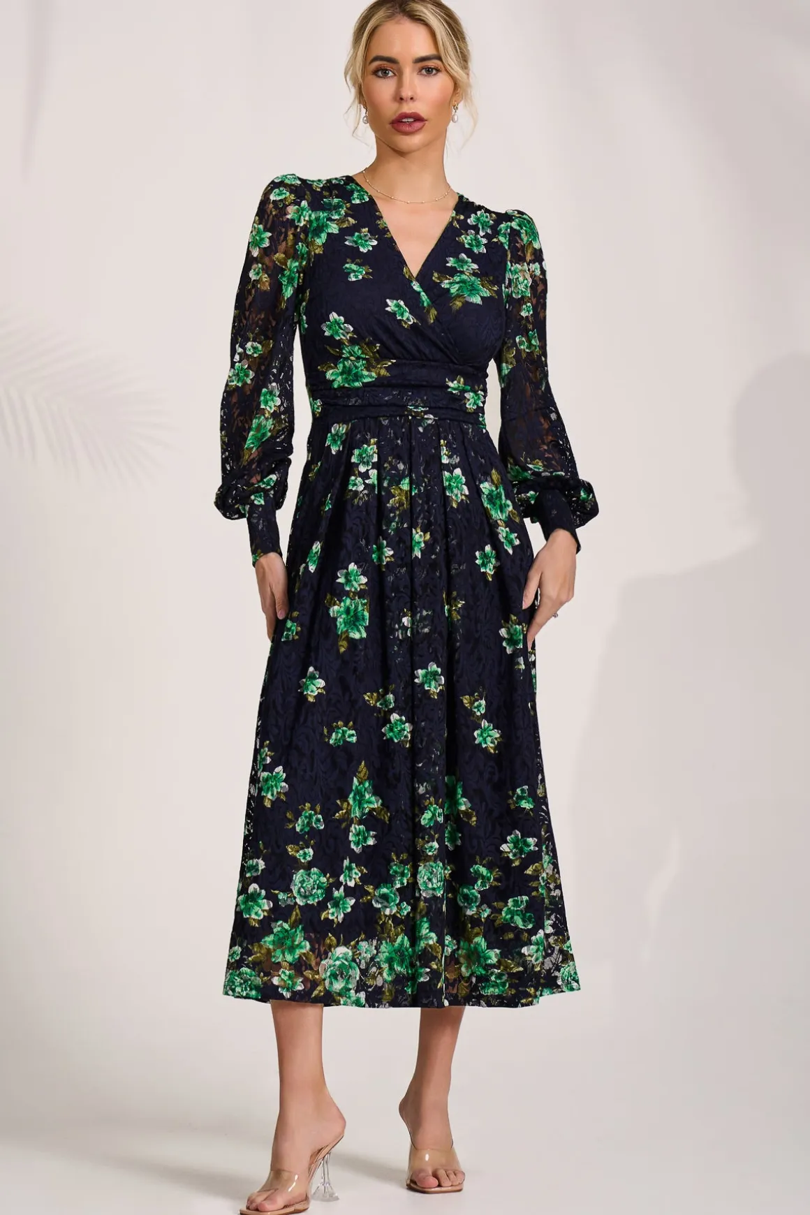 Long Sleeve Printed Lace Maxi Dress, Navy Floral