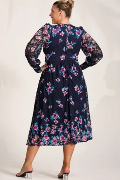 Long Sleeve Printed Lace Maxi Dress, Navy Pink Floral
