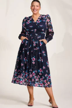 Long Sleeve Printed Lace Maxi Dress, Navy Pink Floral