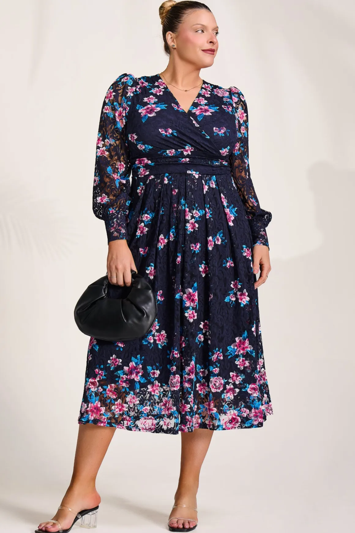 Long Sleeve Printed Lace Maxi Dress, Navy Pink Floral