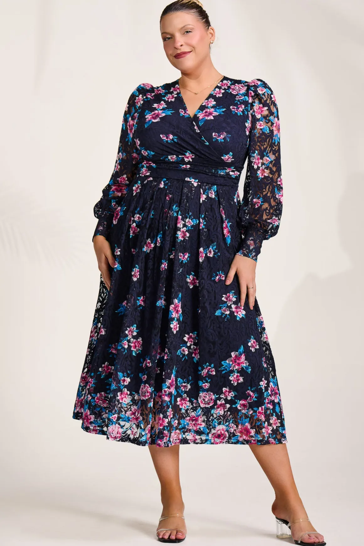 Long Sleeve Printed Lace Maxi Dress, Navy Pink Floral