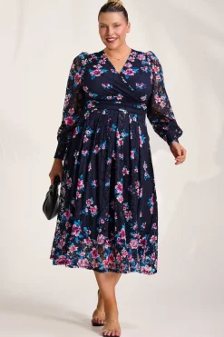 Long Sleeve Printed Lace Maxi Dress, Navy Pink Floral