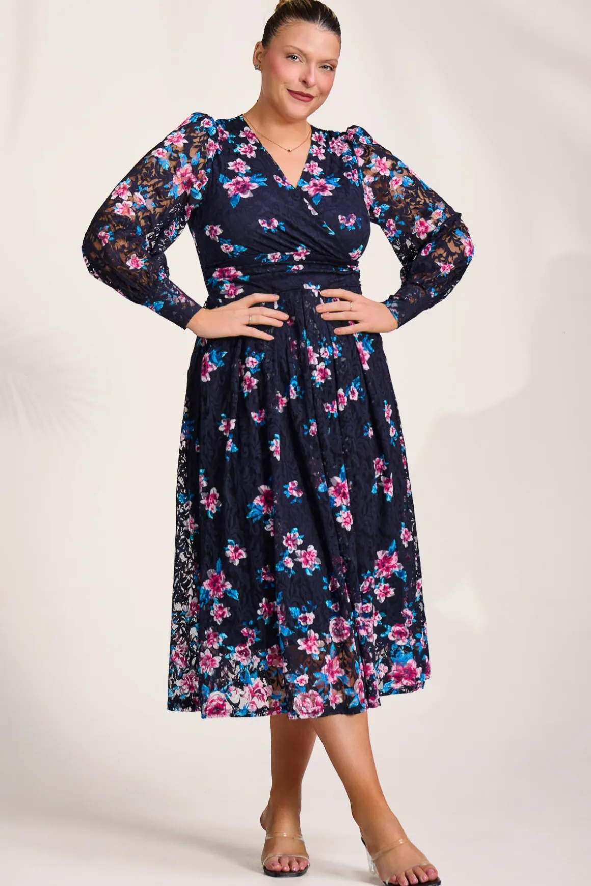Long Sleeve Printed Lace Maxi Dress, Navy Pink Floral