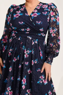 Long Sleeve Printed Lace Maxi Dress, Navy Pink Floral