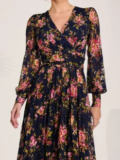 Long Sleeve Printed Lace Maxi Dress, Navy Pink Floral