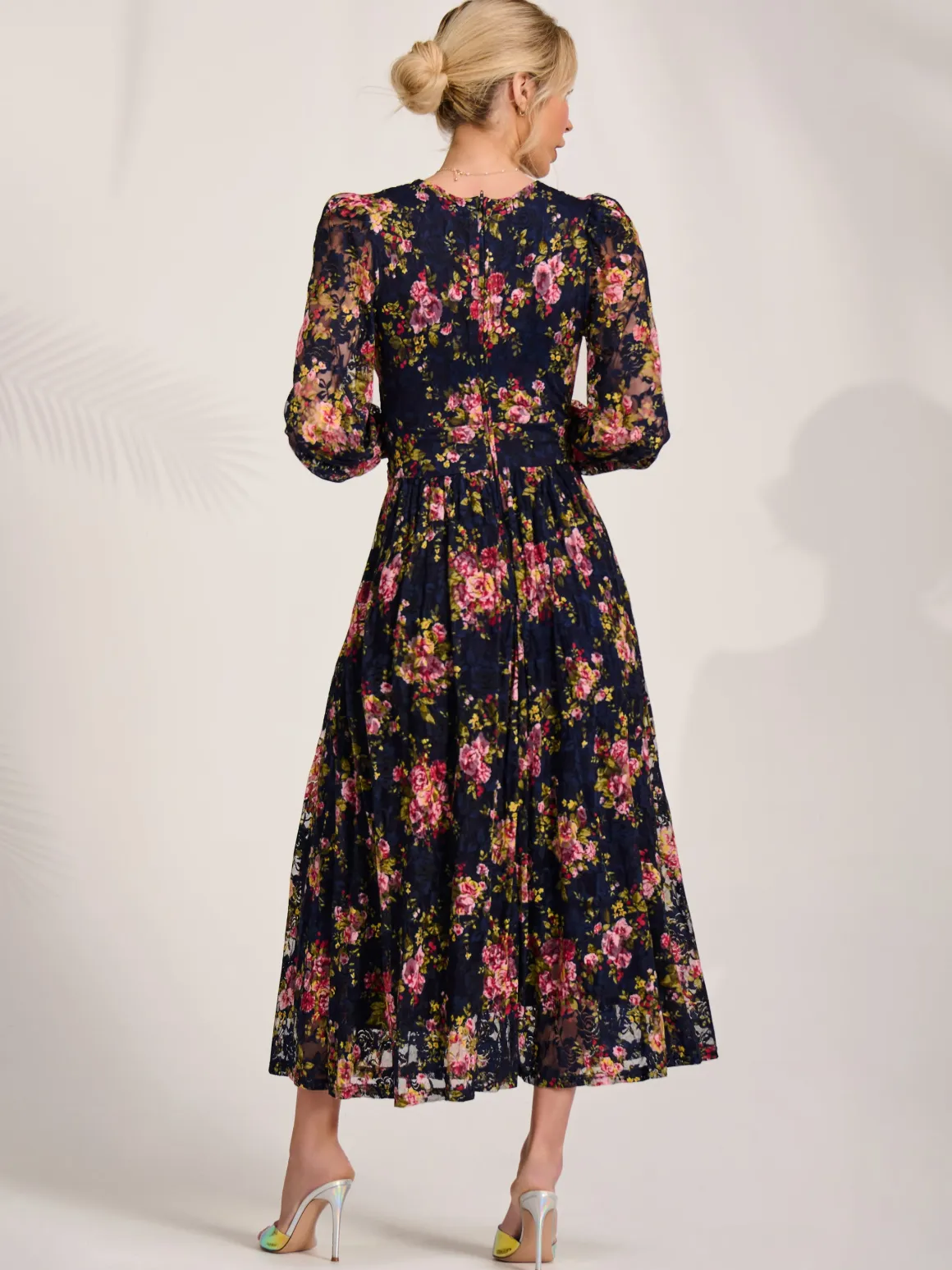 Long Sleeve Printed Lace Maxi Dress, Navy Pink Floral