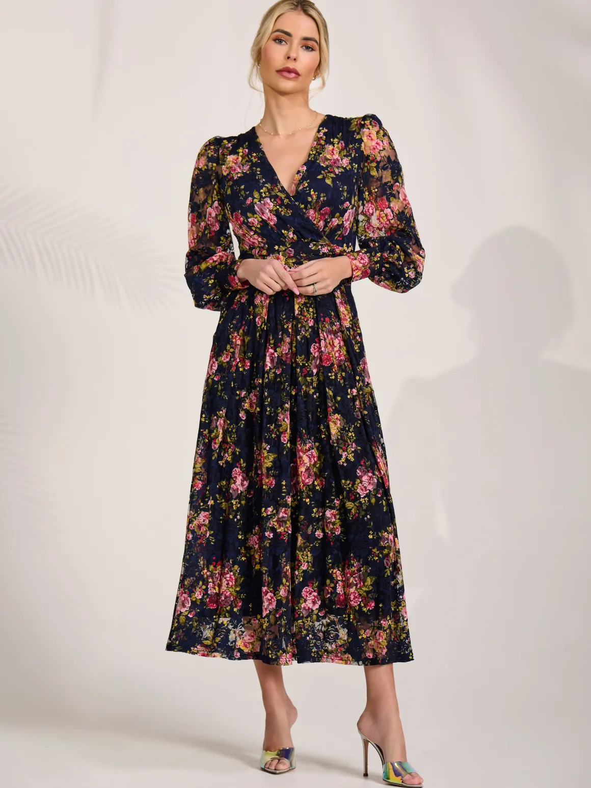 Long Sleeve Printed Lace Maxi Dress, Navy Pink Floral