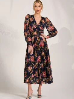 Long Sleeve Printed Lace Maxi Dress, Navy Pink Floral