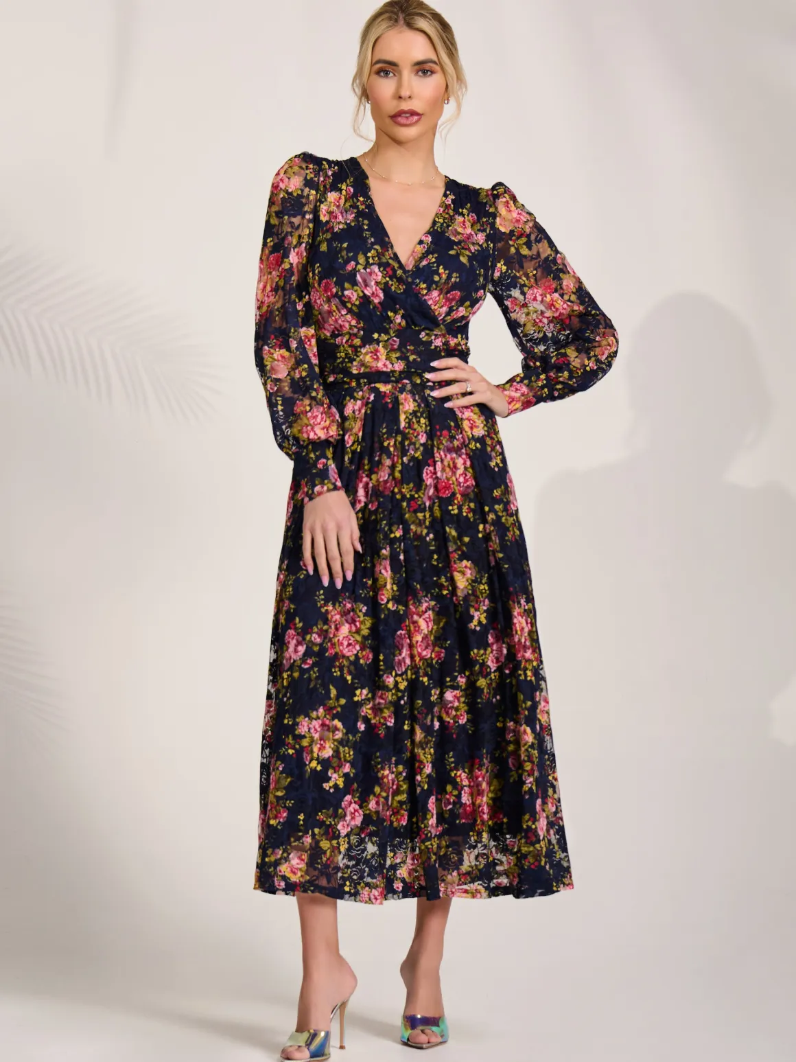 Long Sleeve Printed Lace Maxi Dress, Navy Pink Floral