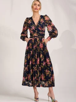 Long Sleeve Printed Lace Maxi Dress, Navy Pink Floral