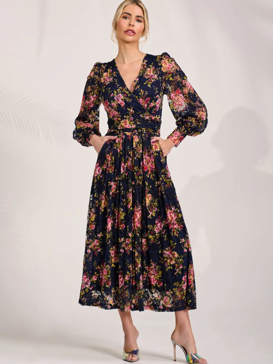 Long Sleeve Printed Lace Maxi Dress, Navy Pink Floral