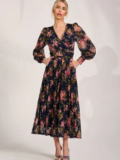 Long Sleeve Printed Lace Maxi Dress, Navy Pink Floral