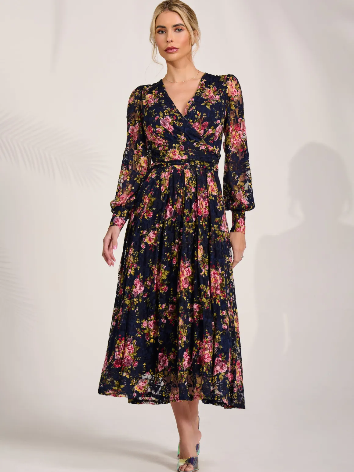 Long Sleeve Printed Lace Maxi Dress, Navy Pink Floral
