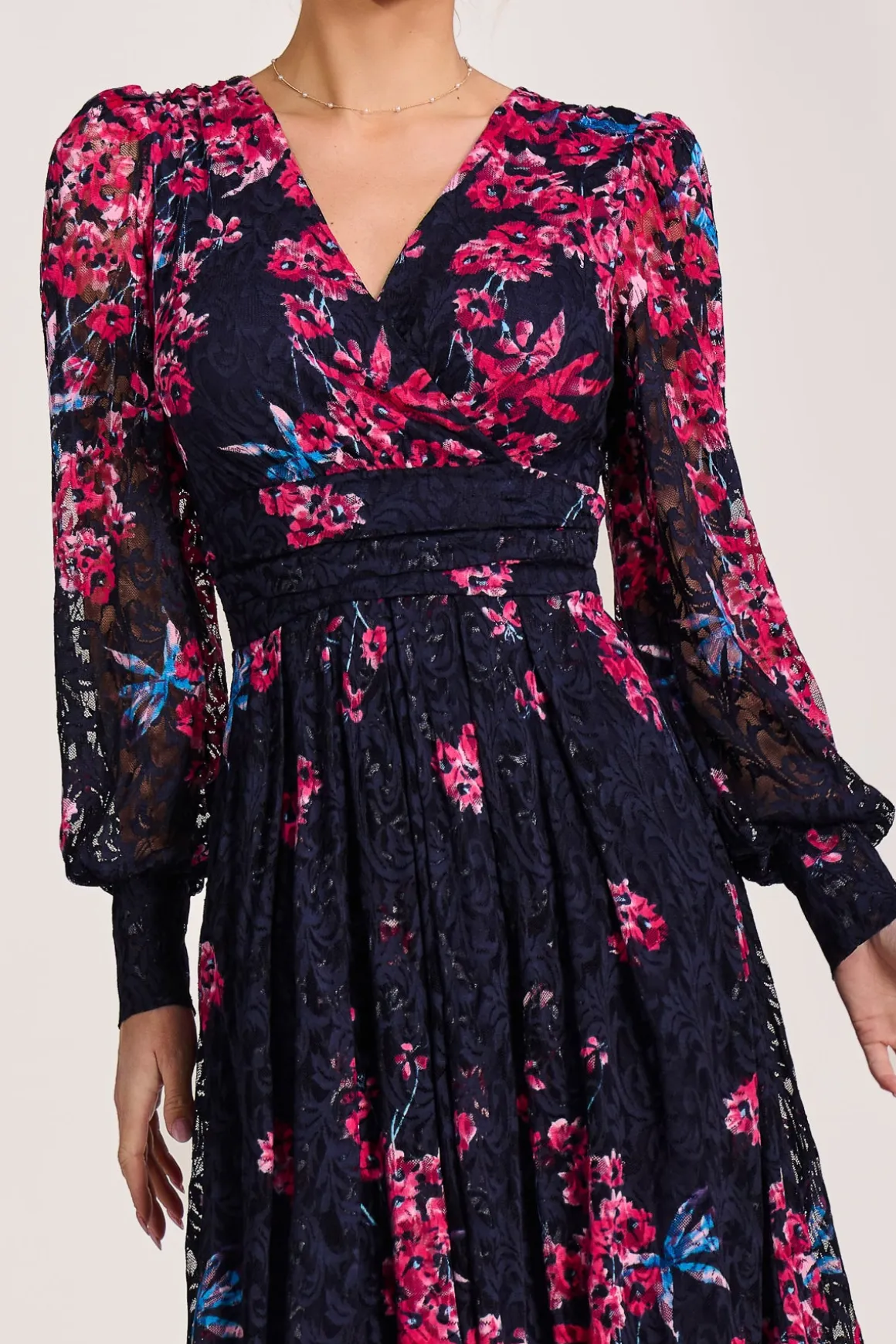 Long Sleeve Printed Lace Maxi Dress, Pink Multi