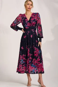 Long Sleeve Printed Lace Maxi Dress, Pink Multi