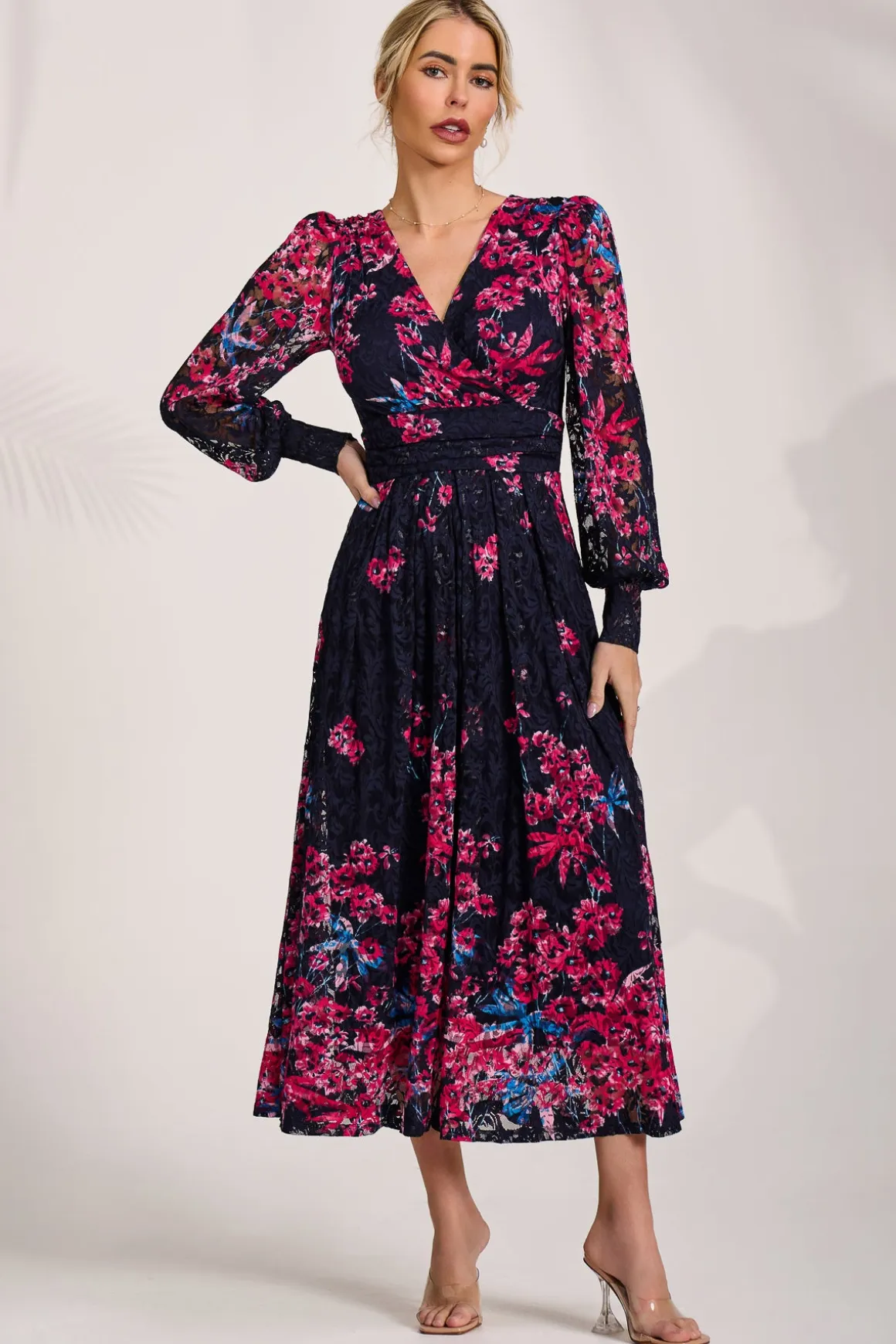 Long Sleeve Printed Lace Maxi Dress, Pink Multi