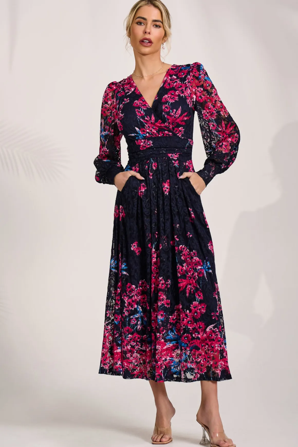 Long Sleeve Printed Lace Maxi Dress, Pink Multi