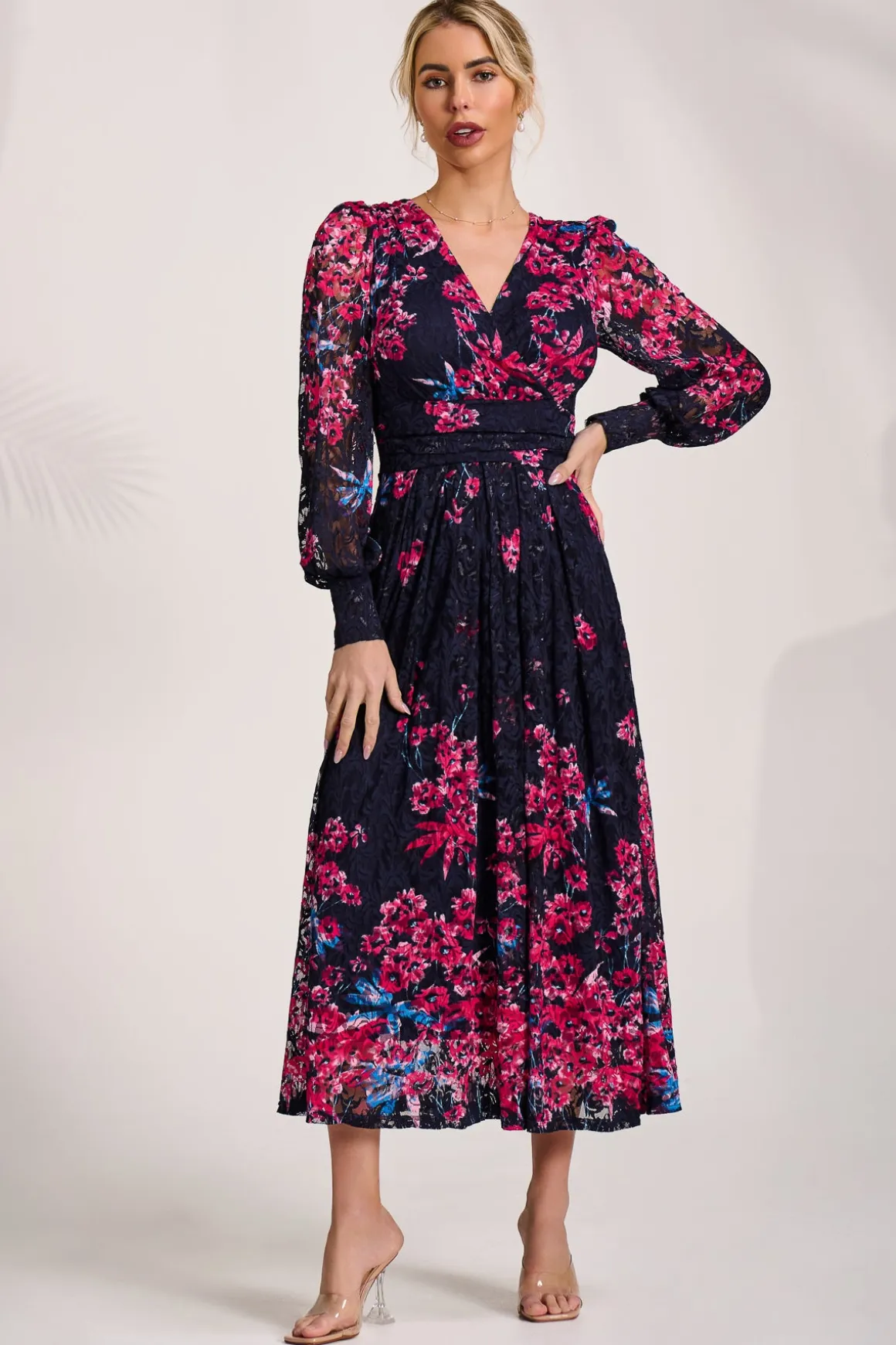 Long Sleeve Printed Lace Maxi Dress, Pink Multi