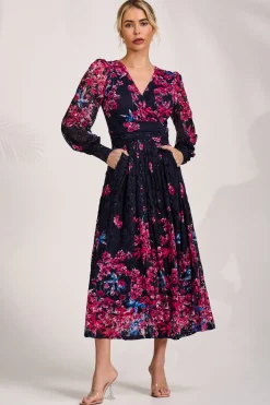 Long Sleeve Printed Lace Maxi Dress, Pink Multi