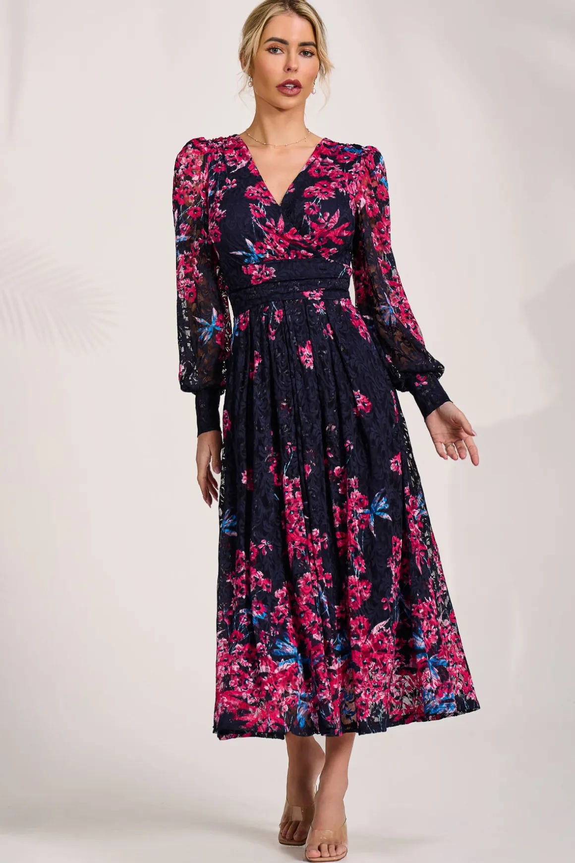 Long Sleeve Printed Lace Maxi Dress, Pink Multi