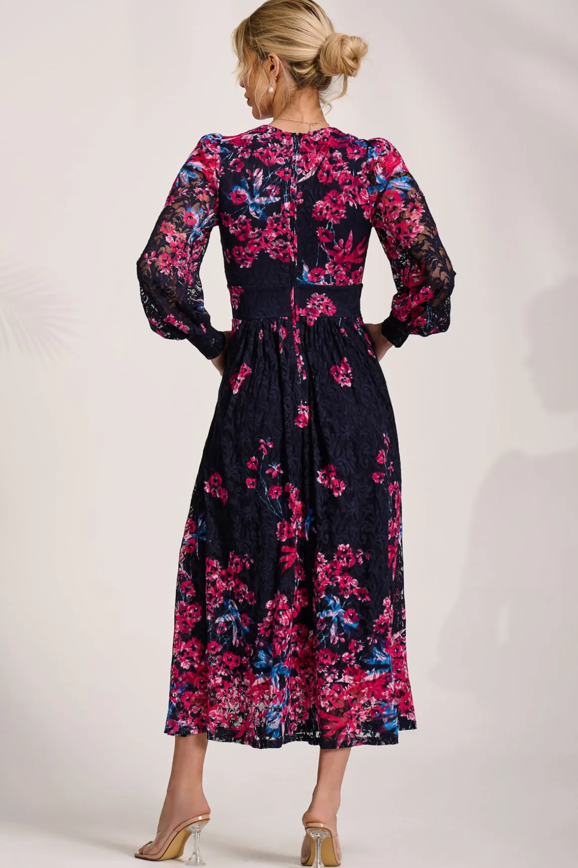 Long Sleeve Printed Lace Maxi Dress, Pink Multi