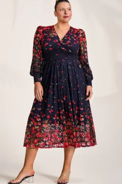 Long Sleeve Printed Lace Maxi Dress, Red Floral