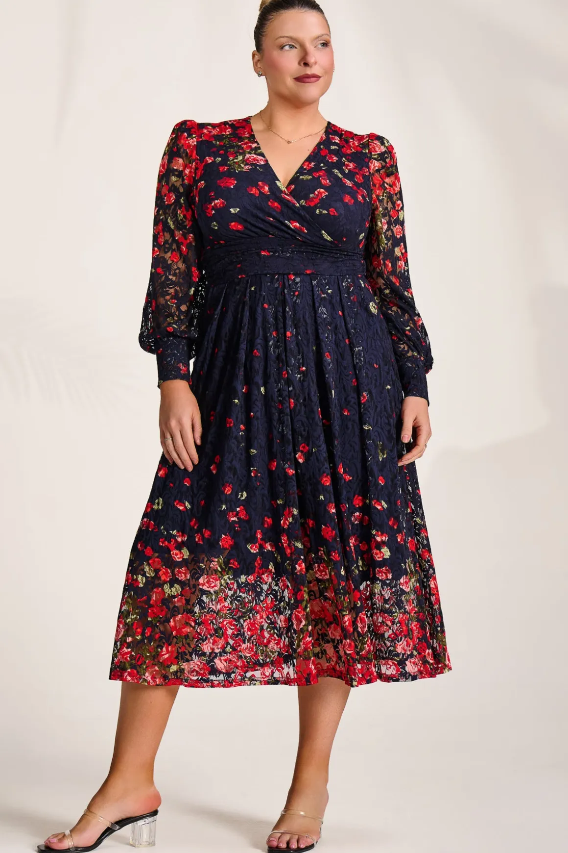 Long Sleeve Printed Lace Maxi Dress, Red Floral