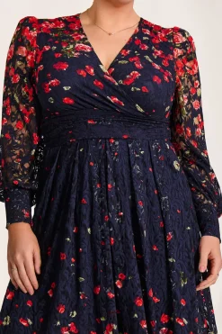 Long Sleeve Printed Lace Maxi Dress, Red Floral