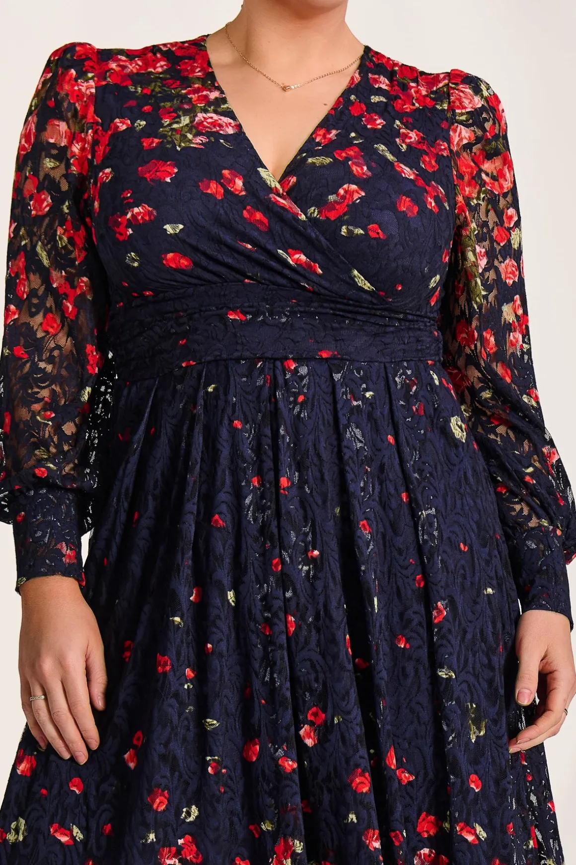 Long Sleeve Printed Lace Maxi Dress, Red Floral