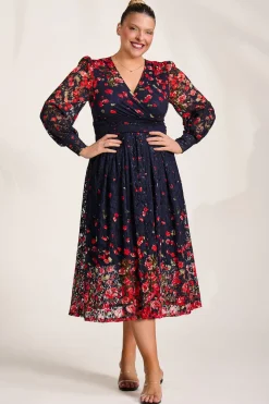 Long Sleeve Printed Lace Maxi Dress, Red Floral