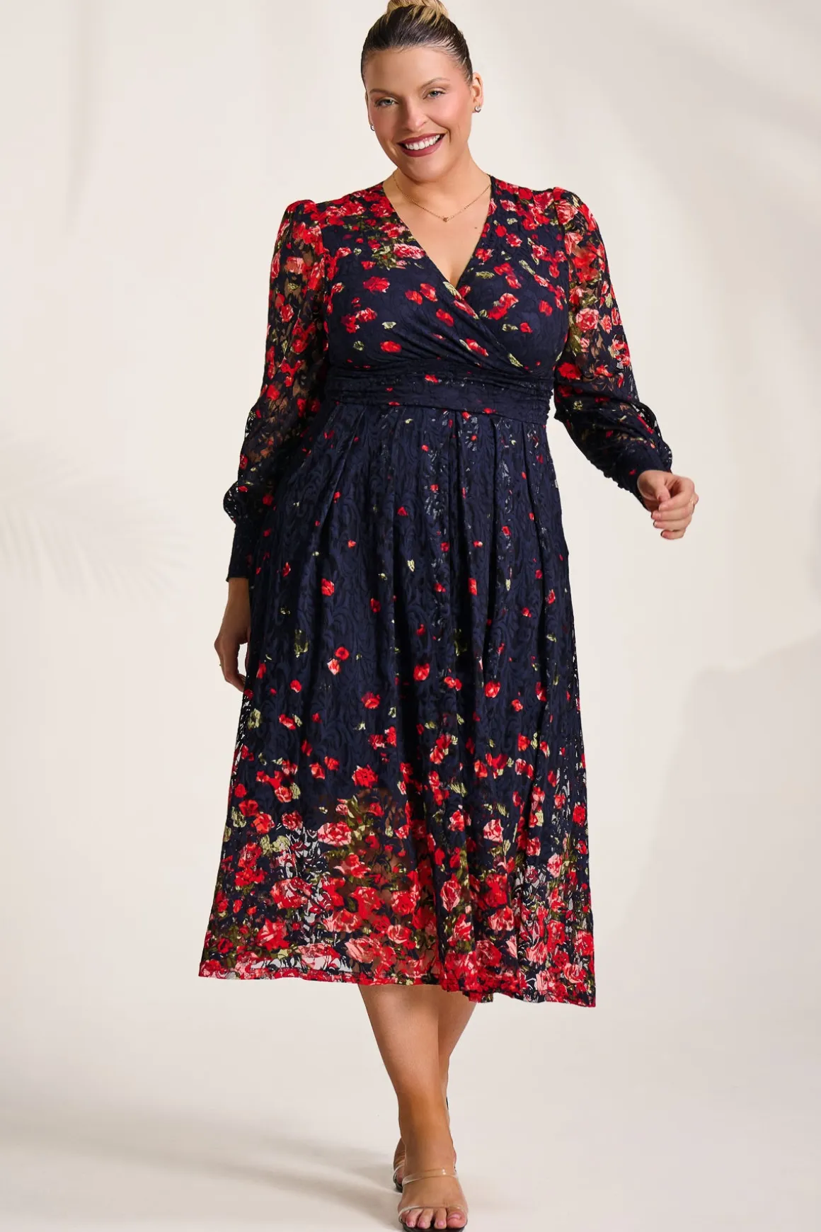 Long Sleeve Printed Lace Maxi Dress, Red Floral