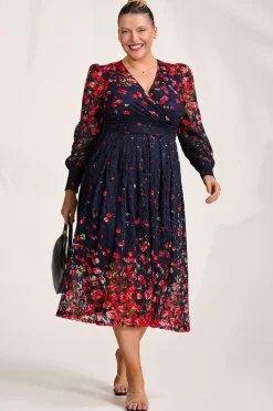 Long Sleeve Printed Lace Maxi Dress, Red Floral