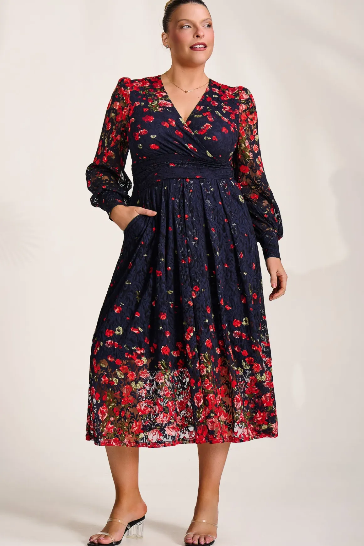Long Sleeve Printed Lace Maxi Dress, Red Floral