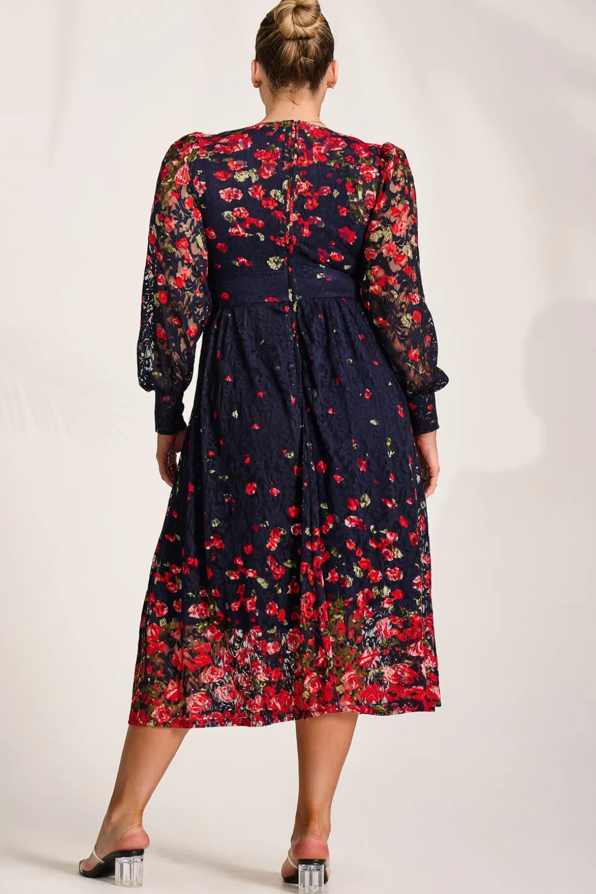 Long Sleeve Printed Lace Maxi Dress, Red Floral