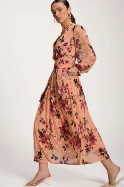 Long Sleeve Printed Lace Midaxi Dress, Coral Floral