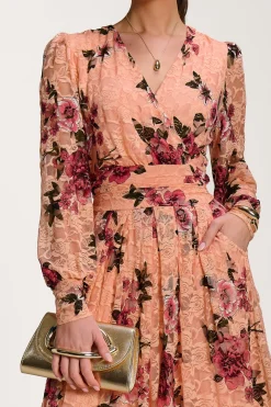 Long Sleeve Printed Lace Midaxi Dress, Coral Floral