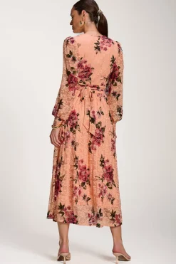 Long Sleeve Printed Lace Midaxi Dress, Coral Floral