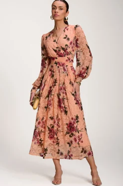 Long Sleeve Printed Lace Midaxi Dress, Coral Floral