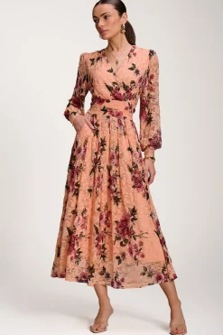 Long Sleeve Printed Lace Midaxi Dress, Coral Floral
