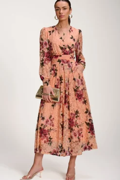 Long Sleeve Printed Lace Midaxi Dress, Coral Floral