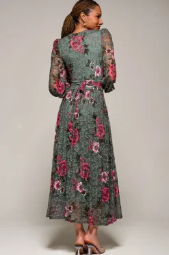 Long Sleeve Printed Lace Midaxi Dress, Green Floral