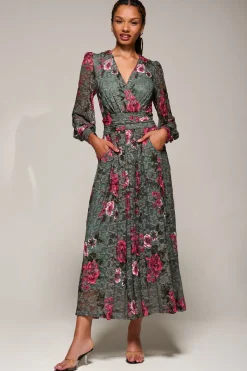 Long Sleeve Printed Lace Midaxi Dress, Green Floral