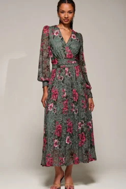 Long Sleeve Printed Lace Midaxi Dress, Green Floral