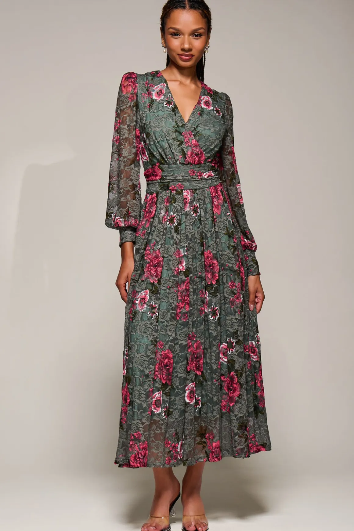 Long Sleeve Printed Lace Midaxi Dress, Green Floral