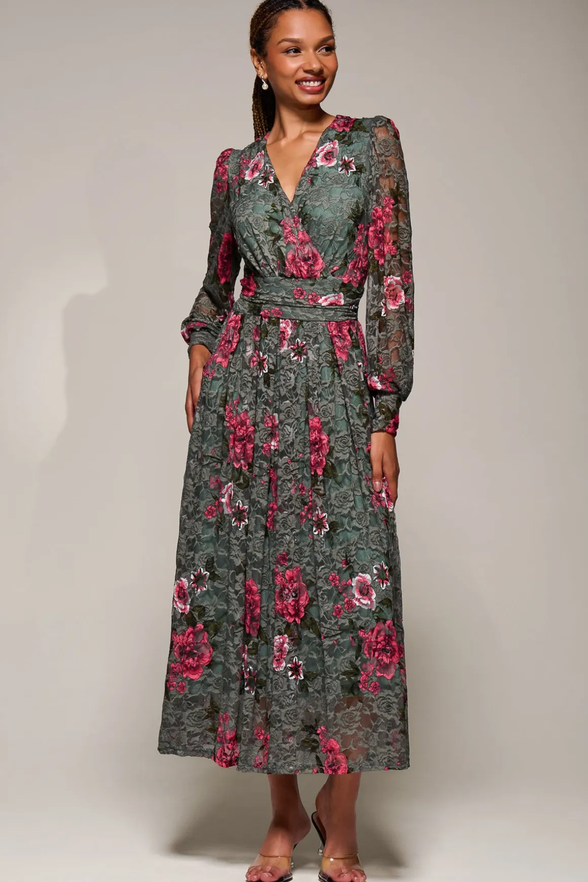 Long Sleeve Printed Lace Midaxi Dress, Green Floral