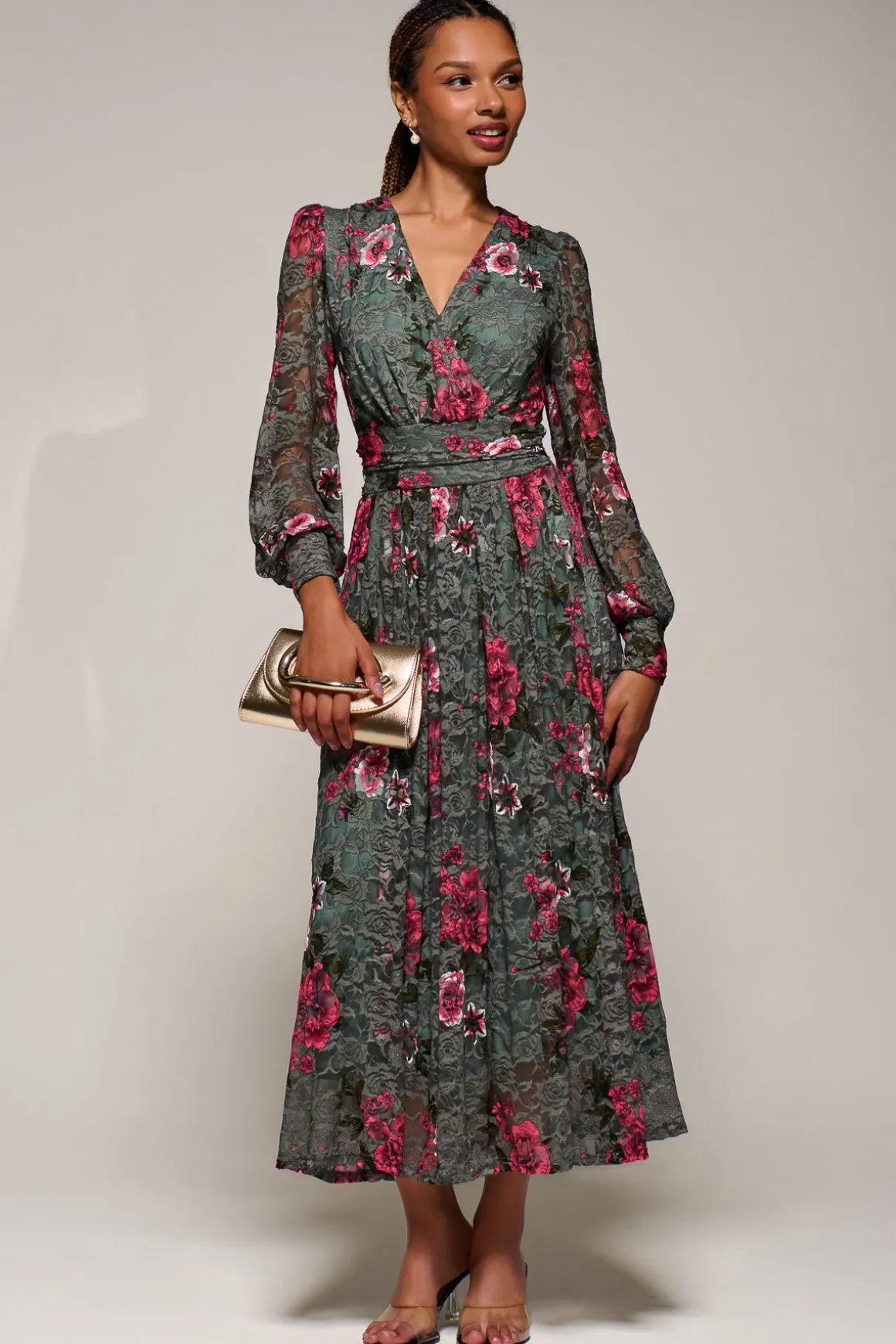 Long Sleeve Printed Lace Midaxi Dress, Green Floral