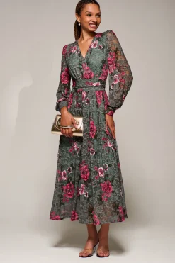 Long Sleeve Printed Lace Midaxi Dress, Green Floral